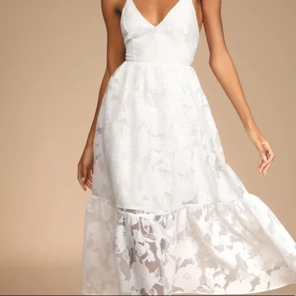 ❤️ Lulus Feeling Like Forever White Jacquard Organza Lace-Up Midi Dress - Picture 9 of 16